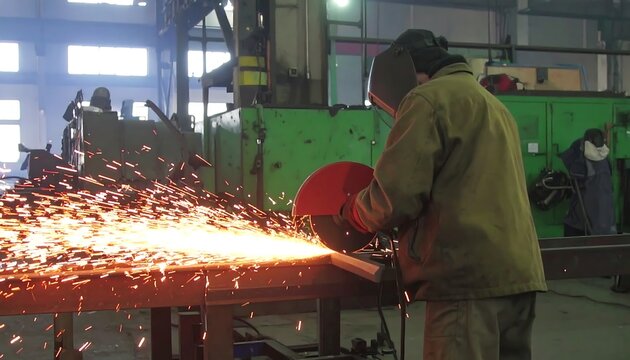 A worker uses an angle grinder to cut metal, sparks flying