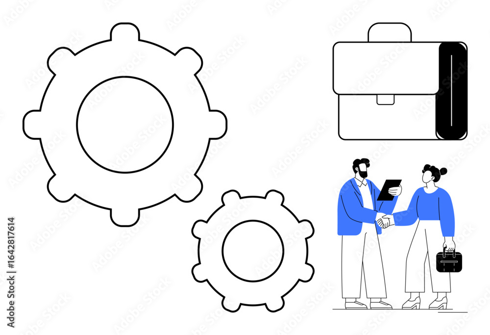 Poster two individuals shaking hands, gears representing process and functionality, and a briefcase symboli