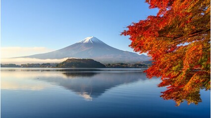 Colorful Autumn at Lake Kawaguchiko with Mount Fuji and Morning Fog