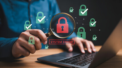 Business professional analyzing digital security breach with magnifying glass and error alert