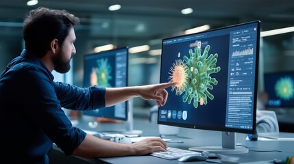 Innovation in biotechnology: a focused biologist or chemist uses a powerful computer to conduct research and development in a professional, high-tech facility.