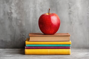 Red apple atop a stack of colorful books against a textured gray background