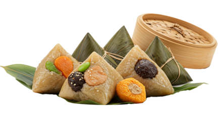 Traditional Asian sticky rice dumplings, beautifully arranged with diverse fillings and a bamboo steamer, representing festive culinary traditions.
