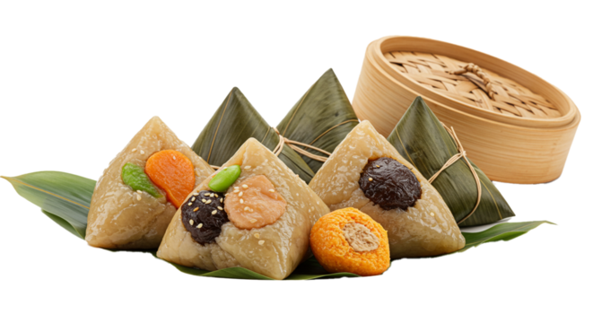 Traditional Asian sticky rice dumplings, beautifully arranged with diverse fillings and a bamboo steamer, representing festive culinary traditions.
