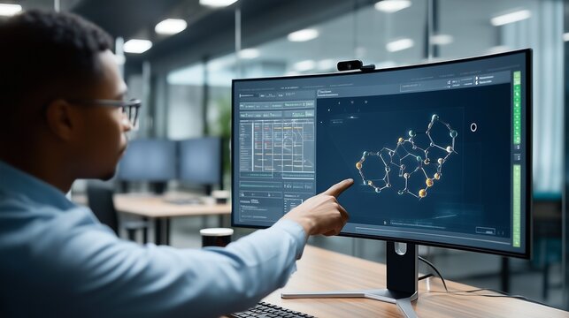 A scientist analyzes complex 3D molecular data on a high-resolution computer screen, working on a medical breakthrough in a modern, state-of-the-art laboratory.