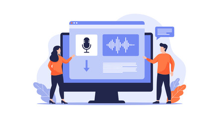 People Interact with a Digital Display Showing Audio Waveforms and a Microphone Icon for Voice Recording and Analysis Applications