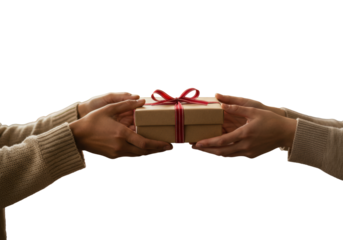 Diverse hands, differing skin tones, exchanging an elegant gift box. warm, blurred indoor background with creamy bokeh, showing thoughtful connection. concept of giving and gratitude