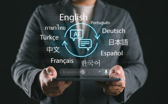 AI voice assistant with multilingual translation feature on tablet, symbolizing smart technology, language learning, global communication, artificial intelligence innovation.
