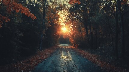 Fototapeta premium Autumnal forest path at sunset