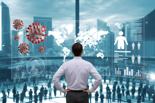 Global health crisis analysis by businessman using advanced digital interface