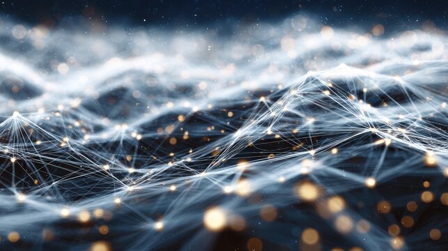 Abstract network of interconnected nodes and lines, a digitally rendered landscape of light