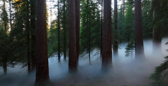 Misty forest floor with tall trees and lowlying fog creating a serene and mysterious atmosphere