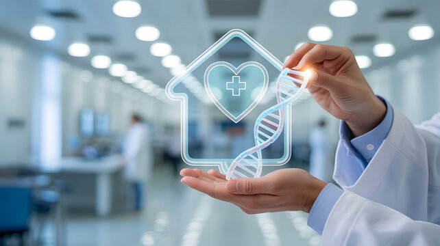 Doctor holding DNA helix, symbolizing healthcare innovation and genetic research