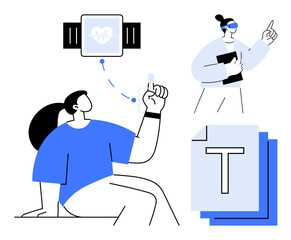 Woman with smartwatch demonstrating fitness tracking, another holding tablet, and layered text documents. Ideal for fitness, healthcare, education, innovation, teamwork, productivity simple landing