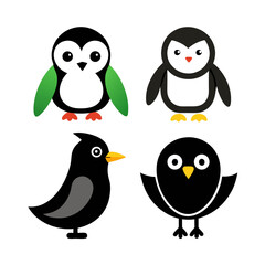 Obraz premium Four cute cartoon birds including penguins and blackbirds isolated on white background silhouette