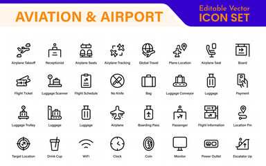 Aviation and Airport vector line icon set. Contains linear outline icons like Plane, Ticket, Baggage, Seat, Wifi, Bag, Departure, Terminal, Transport, Luggage, Airplane.