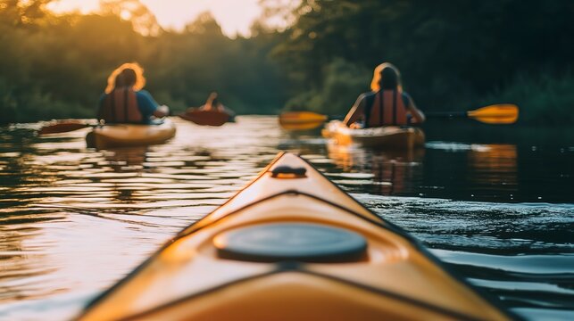 Friends enjoy kayaking on a calm river at sunset capturing moments of joy and adventure together
