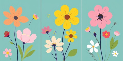 Vibrant abstract floral illustration with colorful blooming flowers on a soft teal background