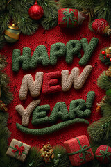 3D knitted letters "Happy New Year!" with Christmas ornaments, gift boxes on red background with pine tree branches border with red and green accents