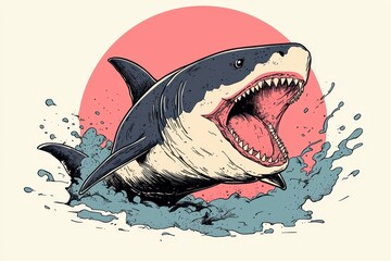 Pixel Art Great White Shark Leaping from Ocean with Pink Sun Background