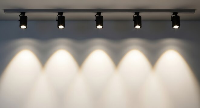 Five Black Spotlights on Track Lighting System (AI Generated)