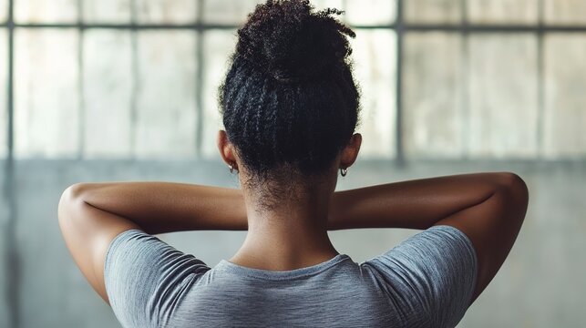 Person engages in a cross-body shoulder stretch in a bright indoor setting during a workout session