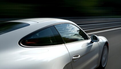 Obraz premium White sports car speeds on racetrack