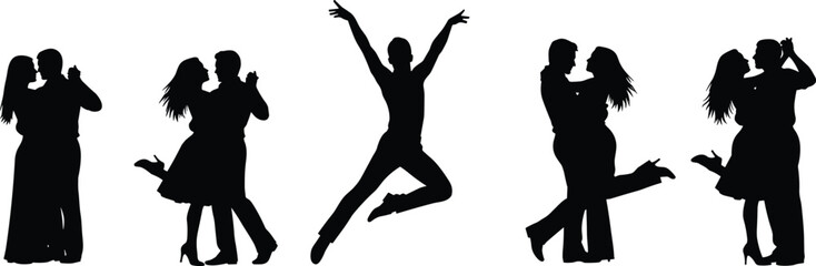 Silhouette of dancing couples, jumping dancer, romantic movement, elegant pose, expressive performance, dance-themed design, artistic shadow, graceful energy