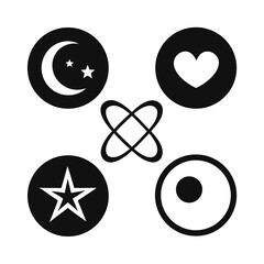 Collection of four circular icons featuring celestial heart star and abstract symbol silhouette isolated on white background
