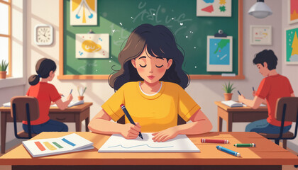 Focused student drawing at desk in bright art classroom, creativity