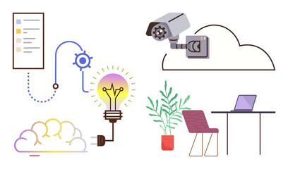 Cloud storage interaction, surveillance camera, workflow chart, lightbulb idea, desk setup. Ideal for technology, innovation, security, workflow remote work creativity modern office concepts