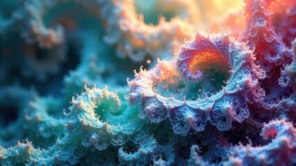 Naklejka premium Abstract Whimsical Oceanic Forms in Vibrant Hues, a Close-Up of Intricate Patterns and Textured Surfaces with a Dreamlike Quality