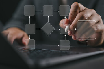 Businessman drawing flowchart diagram representing business process, workflow, planning, decision...