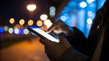 Person using smartphone at night with glowing screen and city lights