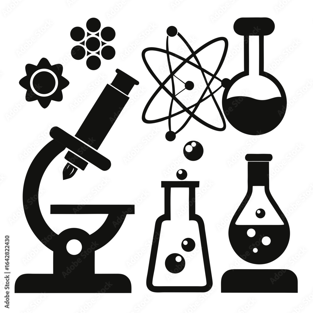 Poster collection of science icons including microscope atom models and flasks silhouette isolated on white