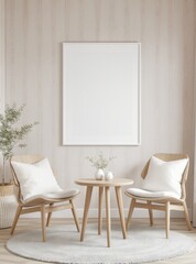 Minimalist living room with empty frame, chairs and small table.