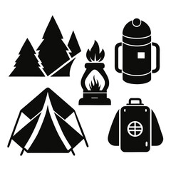 Camping icons silhouette of tent lantern trees thermos and backpack isolated on white background