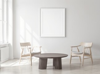 Minimalist living room with empty frame, chair and round table.