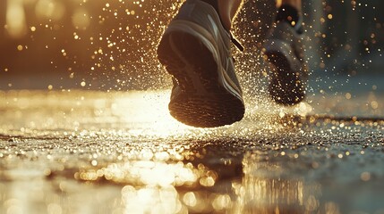 Close-up of running shoes striking wet pavement under warm sunlight during an evening jog