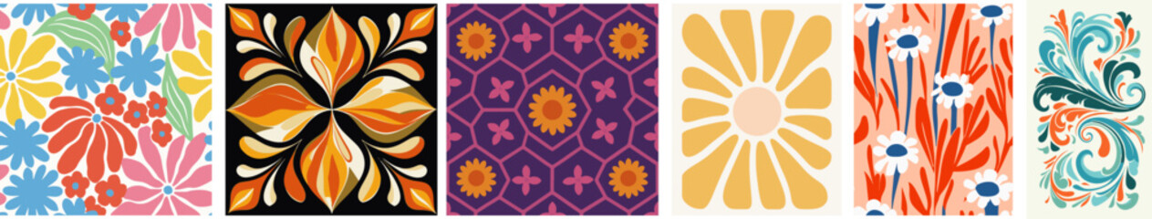 Vibrant floral and ornamental decorative pattern set, folk art design.