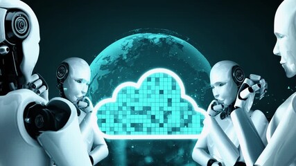 AI robot huminoid uses cloud computing technology to store data on online server . Futuristic concept of cloud information storage analyzed by machine learning process . 3D rendering . - Powered by Adobe