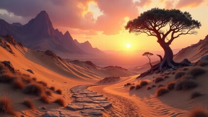 Naklejka premium Serene Sunset Over a Sandy Path Winding Through Majestic Mountains and a Lone Tree