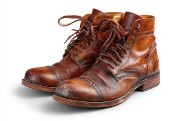 Worn brown leather boots, laced and ready