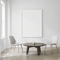 Minimalist living room with blank canvas, chair and round table.