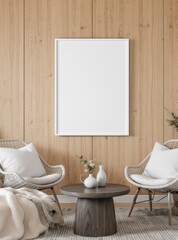 Minimalist white frame mockup on wood-paneled wall in cozy living room.