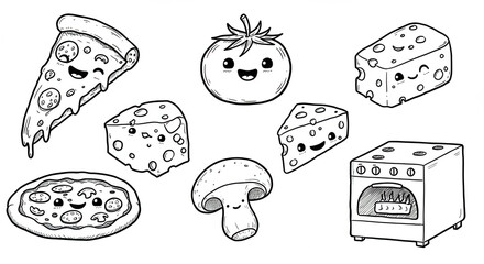 Set of cute cartoon fruit and pizza vector illustrations