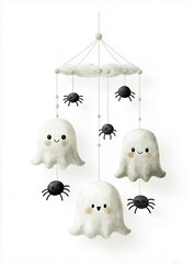 A cute smiling Halloween ghost baby mobile with three adorable hanging white ghosts and black spiders isolated on white