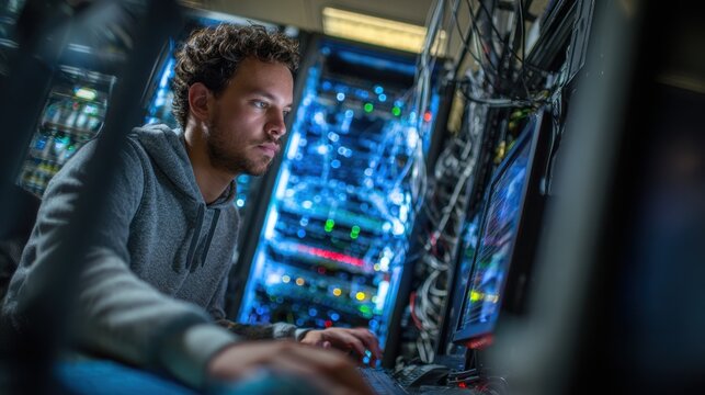 Focused researcher testing encryption software resilience against simulated cyber attacks using specialized hardware inside a highsecurity cryptography facility.