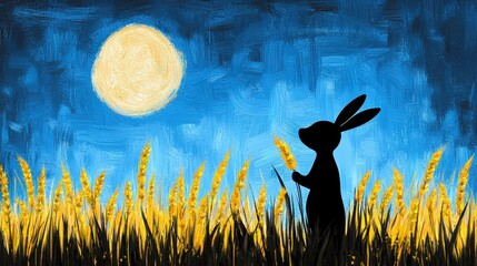 Silhouette Rabbit in Wheat Field Under Full Moon at Night