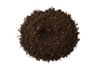 A single, perfectly formed, pristine dark brown soil mound with coarse texture and organic matter, top-down shot against a transparent background, concept of new beginnings